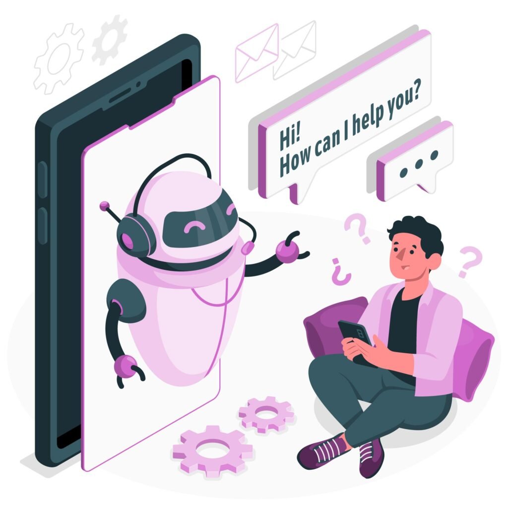 A pink robot with headphones emerges from a smartphone, saying, "Hello! How can I help you?" A curious figure looks on.

