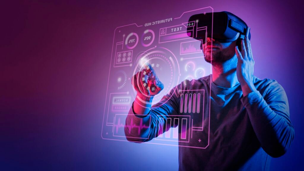 A person with a VR headset interacts with a glowing holographic display in purple and blue lighting.
